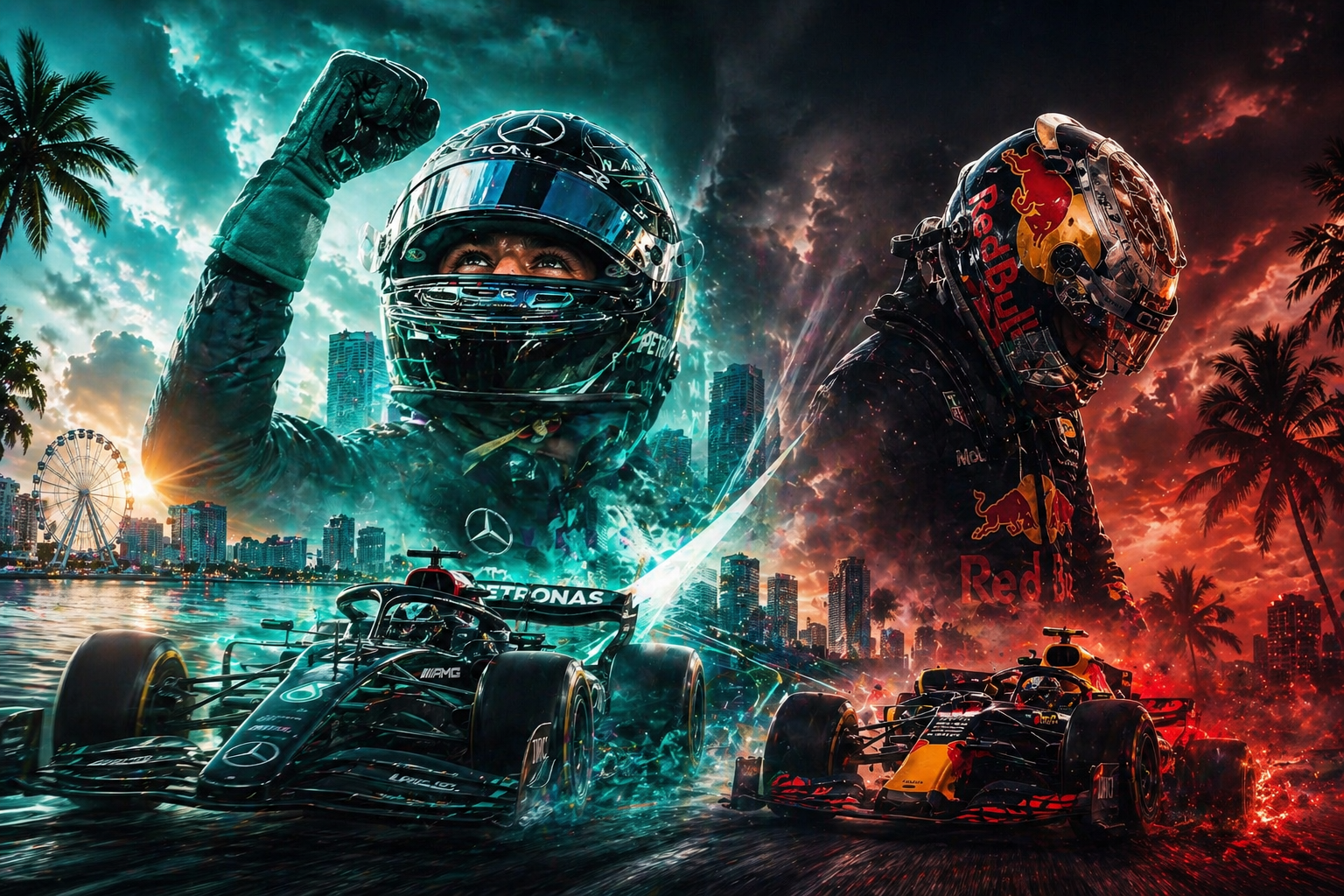 Cinematic Miami Grand Prix poster showing Mercedes rising and Red Bull struggling, with both F1 cars racing through a neon Miami skyline backdrop.